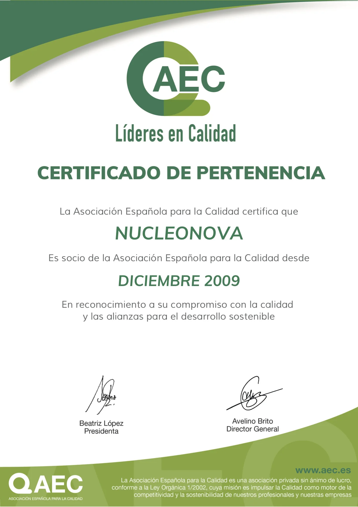 Nucleonova recibe el reconocimiento a su labor y compromiso con la calidad desde la Asociación Española para la Calidad (AEC)